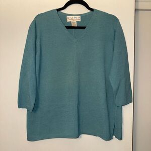 Duna Hand Loomed Womens V Neck Tunic Sweater 3/4 Sleeve Blue Teal No Size EUC